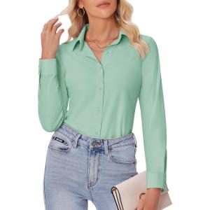 imagesiliteelon Button Down Shirts for Women Slim fit Long Sleeve Stretch Dress Shirts Work Shirt Wrinkle Free Office BlousesLight Green