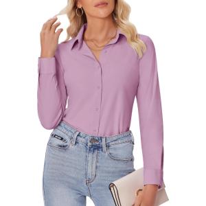 imagesiliteelon Button Down Shirts for Women Slim fit Long Sleeve Stretch Dress Shirts Work Shirt Wrinkle Free Office BlousesMauve