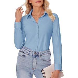 imagesiliteelon Button Down Shirts for Women Slim fit Long Sleeve Stretch Dress Shirts Work Shirt Wrinkle Free Office BlousesMist Blue