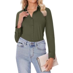 imagesiliteelon Button Down Shirts for Women Slim fit Long Sleeve Stretch Dress Shirts Work Shirt Wrinkle Free Office BlousesOlive Green