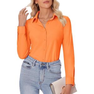 imagesiliteelon Button Down Shirts for Women Slim fit Long Sleeve Stretch Dress Shirts Work Shirt Wrinkle Free Office BlousesOrange