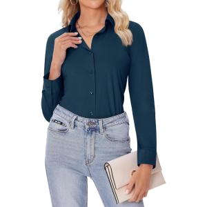 imagesiliteelon Button Down Shirts for Women Slim fit Long Sleeve Stretch Dress Shirts Work Shirt Wrinkle Free Office BlousesPeacock Blue