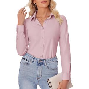 imagesiliteelon Button Down Shirts for Women Slim fit Long Sleeve Stretch Dress Shirts Work Shirt Wrinkle Free Office BlousesPink