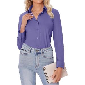 imagesiliteelon Button Down Shirts for Women Slim fit Long Sleeve Stretch Dress Shirts Work Shirt Wrinkle Free Office BlousesPurple