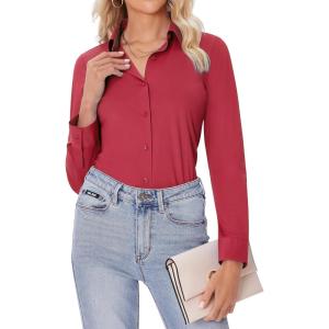 imagesiliteelon Button Down Shirts for Women Slim fit Long Sleeve Stretch Dress Shirts Work Shirt Wrinkle Free Office BlousesRed
