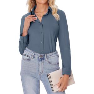 imagesiliteelon Button Down Shirts for Women Slim fit Long Sleeve Stretch Dress Shirts Work Shirt Wrinkle Free Office BlousesSlate Blue