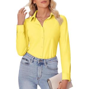 imagesiliteelon Button Down Shirts for Women Slim fit Long Sleeve Stretch Dress Shirts Work Shirt Wrinkle Free Office BlousesYellow