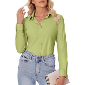 imagesiliteelon Button Down Shirts for Women Slim fit Long Sleeve Stretch Dress Shirts Work Shirt Wrinkle Free Office BlousesYellow Green