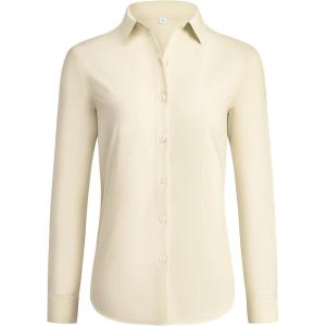 imagesiliteelon Button Down Shirts for Women Wrinkle Free Dress Shirts Long Sleeve Shirts Formal Work Office Blouses TopsBeige