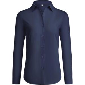 imagesiliteelon Button Down Shirts for Women Wrinkle Free Dress Shirts Long Sleeve Shirts Formal Work Office Blouses TopsNavy Blue