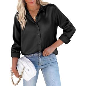 imagesiliteelon Satin Blouses for Women Silk Button Down Shirts Casual Long Sleeve Shirt Business Office Work Tunic TopsBlack