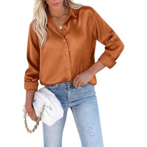 imagesiliteelon Satin Blouses for Women Silk Button Down Shirts Casual Long Sleeve Shirt Business Office Work Tunic TopsCaramel
