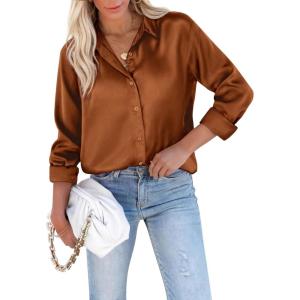 imagesiliteelon Satin Blouses for Women Silk Button Down Shirts Casual Long Sleeve Shirt Business Office Work Tunic TopsDark Coffee