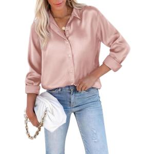 imagesiliteelon Satin Blouses for Women Silk Button Down Shirts Casual Long Sleeve Shirt Business Office Work Tunic TopsDeep Pink