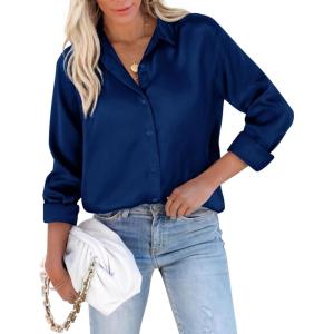 imagesiliteelon Satin Blouses for Women Silk Button Down Shirts Casual Long Sleeve Shirt Business Office Work Tunic TopsNavy Blue