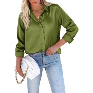 imagesiliteelon Satin Blouses for Women Silk Button Down Shirts Casual Long Sleeve Shirt Business Office Work Tunic TopsOlive Green