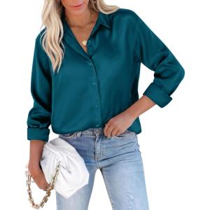 imagesiliteelon Satin Blouses for Women Silk Button Down Shirts Casual Long Sleeve Shirt Business Office Work Tunic TopsPeacock Blue
