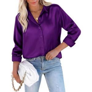 imagesiliteelon Satin Blouses for Women Silk Button Down Shirts Casual Long Sleeve Shirt Business Office Work Tunic TopsPurple