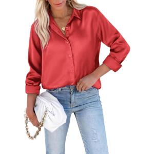 imagesiliteelon Satin Blouses for Women Silk Button Down Shirts Casual Long Sleeve Shirt Business Office Work Tunic TopsRed