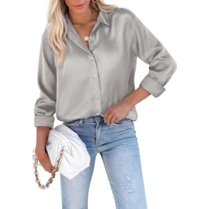 imagesiliteelon Satin Blouses for Women Silk Button Down Shirts Casual Long Sleeve Shirt Business Office Work Tunic TopsSilver Gray