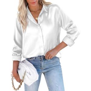 imagesiliteelon Satin Blouses for Women Silk Button Down Shirts Casual Long Sleeve Shirt Business Office Work Tunic TopsWhite