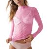 imagesiliteelon Lace Tops for Women Mesh Long Sleeve Top Floral See Through Lace Shirt Mock Neck Party Club Lace BlouseCherry Blossom Pink