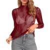 imagesiliteelon Lace Tops for Women Mesh Long Sleeve Top Floral See Through Lace Shirt Mock Neck Party Club Lace BlouseRed Bean Paste