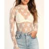 imagesiliteelon Lace Tops for Women Mesh Long Sleeve Top Floral See Through Lace Shirt Mock Neck Party Club Lace BlouseBeige
