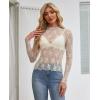 imagesiliteelon Lace Tops for Women Mesh Long Sleeve Top Floral See Through Lace Shirt Mock Neck Party Club Lace BlouseBeige