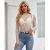 imagesiliteelon Lace Tops for Women Mesh Long Sleeve Top Floral See Through Lace Shirt Mock Neck Party Club Lace BlouseBeige