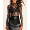 imagesiliteelon Lace Tops for Women Mesh Long Sleeve Top Floral See Through Lace Shirt Mock Neck Party Club Lace BlouseBlack