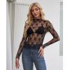 imagesiliteelon Lace Tops for Women Mesh Long Sleeve Top Floral See Through Lace Shirt Mock Neck Party Club Lace BlouseBlack