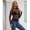 imagesiliteelon Lace Tops for Women Mesh Long Sleeve Top Floral See Through Lace Shirt Mock Neck Party Club Lace BlouseBlack
