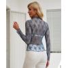 imagesiliteelon Lace Tops for Women Mesh Long Sleeve Top Floral See Through Lace Shirt Mock Neck Party Club Lace BlouseBlue