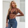 imagesiliteelon Lace Tops for Women Mesh Long Sleeve Top Floral See Through Lace Shirt Mock Neck Party Club Lace BlouseBrown