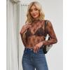imagesiliteelon Lace Tops for Women Mesh Long Sleeve Top Floral See Through Lace Shirt Mock Neck Party Club Lace BlouseBrown