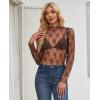 imagesiliteelon Lace Tops for Women Mesh Long Sleeve Top Floral See Through Lace Shirt Mock Neck Party Club Lace BlouseBrown