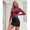 imagesiliteelon Lace Tops for Women Mesh Long Sleeve Top Floral See Through Lace Shirt Mock Neck Party Club Lace BlouseBurgundy