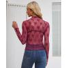 imagesiliteelon Lace Tops for Women Mesh Long Sleeve Top Floral See Through Lace Shirt Mock Neck Party Club Lace BlouseBurgundy