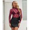 imagesiliteelon Lace Tops for Women Mesh Long Sleeve Top Floral See Through Lace Shirt Mock Neck Party Club Lace BlouseBurgundy
