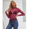 imagesiliteelon Lace Tops for Women Mesh Long Sleeve Top Floral See Through Lace Shirt Mock Neck Party Club Lace BlouseBurgundy