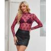 imagesiliteelon Lace Tops for Women Mesh Long Sleeve Top Floral See Through Lace Shirt Mock Neck Party Club Lace BlouseBurgundy