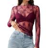 imagesiliteelon Lace Tops for Women Mesh Long Sleeve Top Floral See Through Lace Shirt Mock Neck Party Club Lace BlouseBurgundy