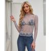 imagesiliteelon Lace Tops for Women Mesh Long Sleeve Top Floral See Through Lace Shirt Mock Neck Party Club Lace BlouseGray