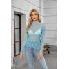 imagesiliteelon Lace Tops for Women Mesh Long Sleeve Top Floral See Through Lace Shirt Mock Neck Party Club Lace BlouseLake Blue