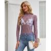 imagesiliteelon Lace Tops for Women Mesh Long Sleeve Top Floral See Through Lace Shirt Mock Neck Party Club Lace BlousePurple