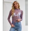 imagesiliteelon Lace Tops for Women Mesh Long Sleeve Top Floral See Through Lace Shirt Mock Neck Party Club Lace BlousePurple