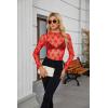 imagesiliteelon Lace Tops for Women Mesh Long Sleeve Top Floral See Through Lace Shirt Mock Neck Party Club Lace BlouseRed