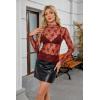 imagesiliteelon Lace Tops for Women Mesh Long Sleeve Top Floral See Through Lace Shirt Mock Neck Party Club Lace BlouseRed Bean Paste