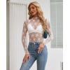 imagesiliteelon Lace Tops for Women Mesh Long Sleeve Top Floral See Through Lace Shirt Mock Neck Party Club Lace BlouseWhite